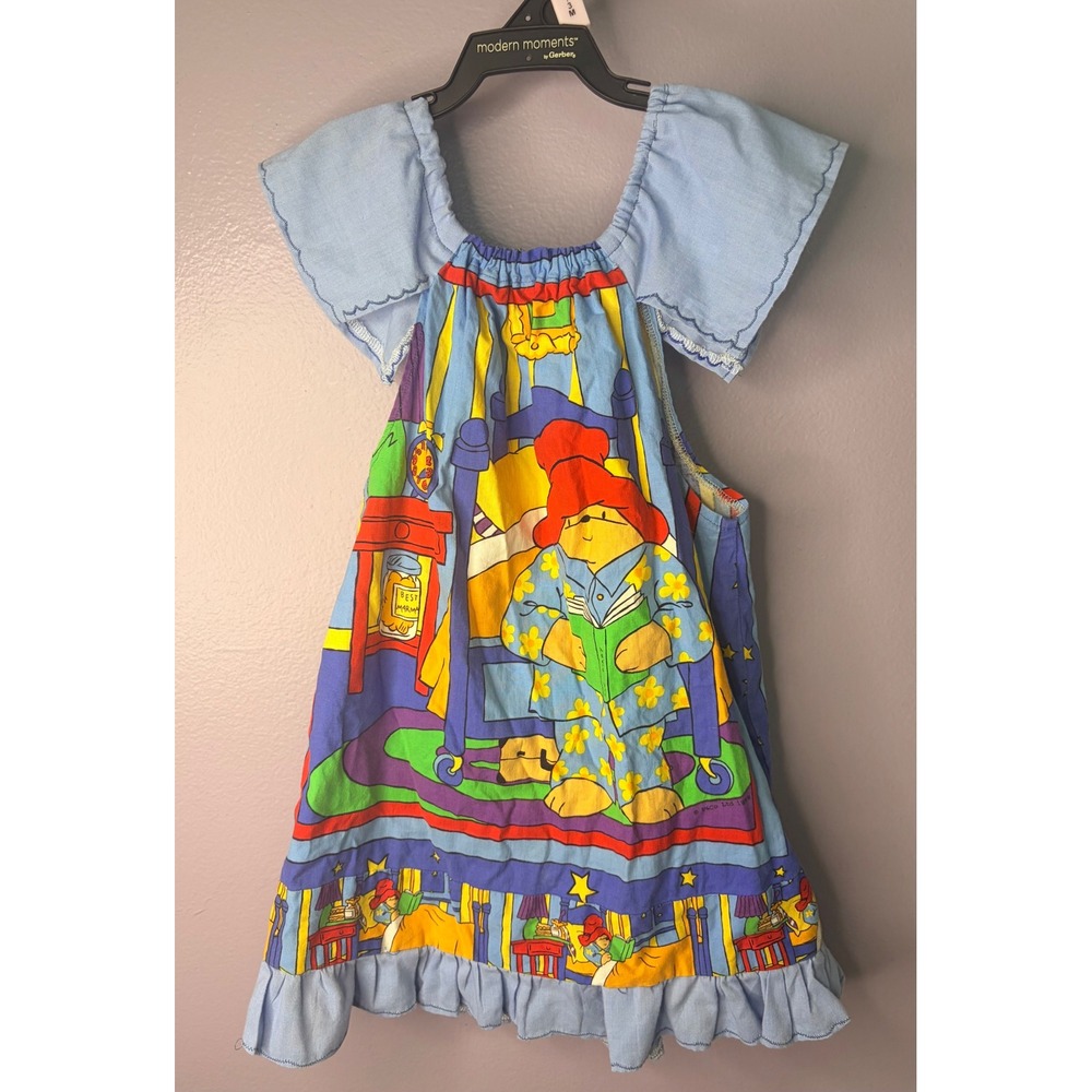 Vintage Paddington Bear Handmade Pinafore Dress Blue Ruffle Flutter Sleeve Kids